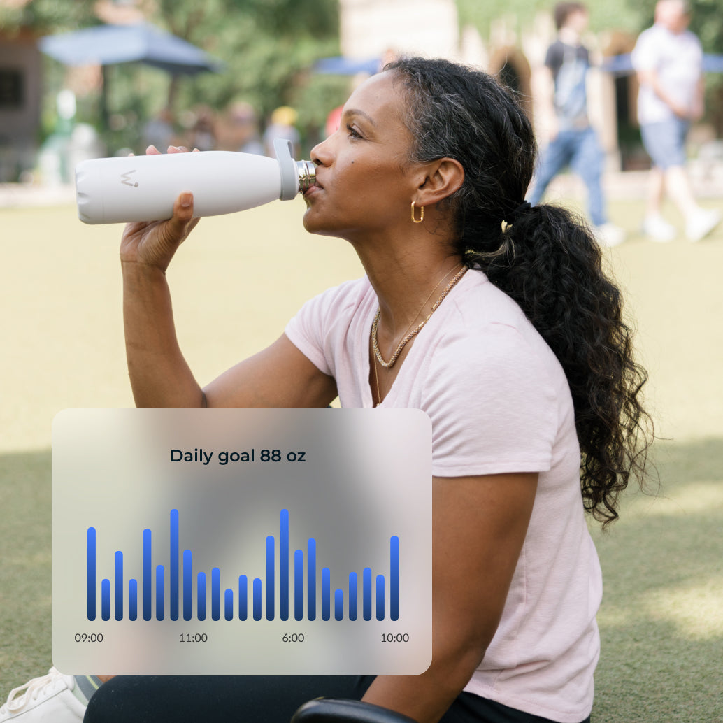 Woman drinking smart water bottle that tracks every sip